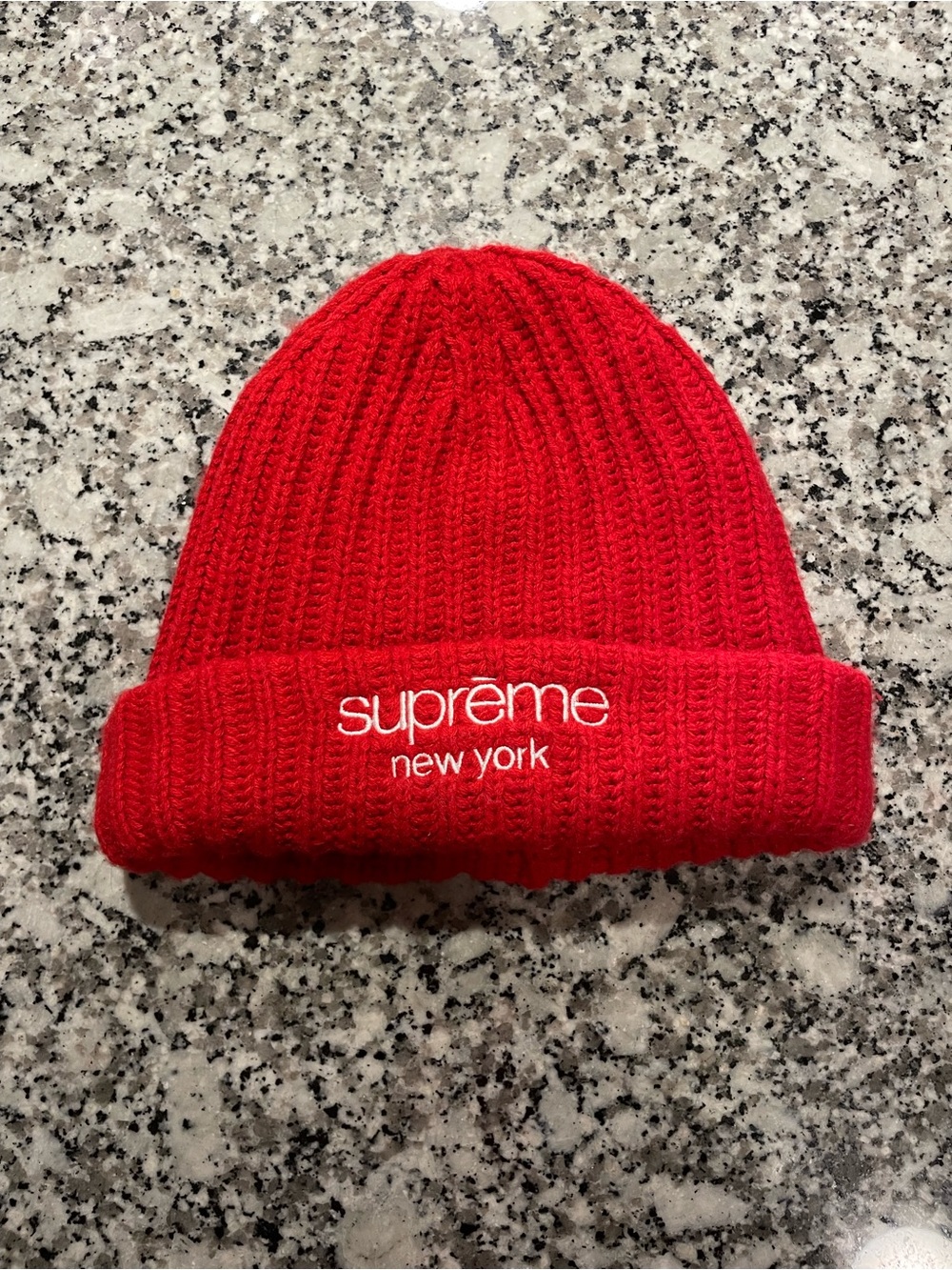 Supreme Red Ribbed Logo Beanie